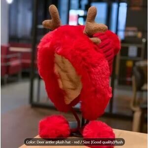 Plush Winter Trapper Hat with Antler Ears Warm Furry Pom-Pom Beanie in Red